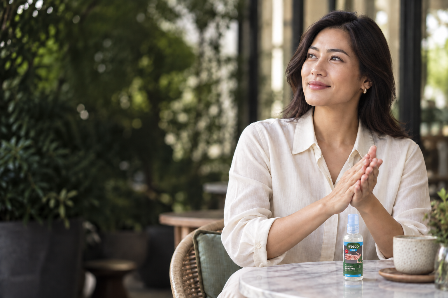 Seorang perempuan menggosok tangan di samping botol FRESCO original 50 ml di kafe